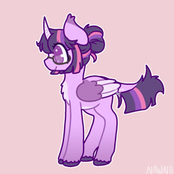 Size: 1200x1200 | Tagged: safe, artist:nawnii, imported from derpibooru, twilight sparkle, alicorn, pony, glasses, leonine tail, pink background, redesign, side view, simple background, solo, tail, twilight sparkle (alicorn), unshorn fetlocks