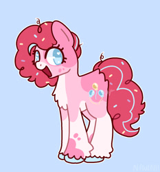 Size: 1400x1500 | Tagged: safe, artist:nawnii, imported from derpibooru, pinkie pie, earth pony, pony, blue background, open mouth, redesign, simple background, smiling, solo, standing, unshorn fetlocks