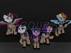 Size: 1032x774 | Tagged: safe, artist:ilovemlp39, imported from derpibooru, pipp petals, rainbow dash, rarity, twilight sparkle, zipp storm, alicorn, pony, alicornified, clothes, colored wings, determined, female, folded wings, frown, g5, ghostbusters, group, jumpsuit, mare, multicolored wings, open mouth, pippcorn, proton pack, quintet, race swap, rainbowcorn, raricorn, signature, smiling, spread wings, twilight sparkle (alicorn), wings, zippcorn