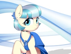 Size: 748x569 | Tagged: safe, artist:vinilyart, imported from derpibooru, coco pommel, earth pony, pony, abstract background, blue dress, clothes, dress, ear piercing, earring, jewelry, looking at you, necklace, piercing, raised hoof, shadow, smiling