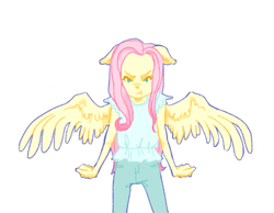 Size: 1267x985 | Tagged: safe, artist:navy-pon, imported from derpibooru, fluttershy, anthro, pegasus, angry, clothes, floppy ears, looking at you, simple background, solo, spread wings, white background, wings