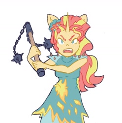 Size: 1280x1290 | Tagged: safe, artist:navy-pon, imported from derpibooru, sunset shimmer, anthro, unicorn, equestria girls, angry, clothes, flail, looking at you, open mouth, simple background, solo, weapon, white background