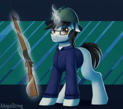 Size: 3500x3100 | Tagged: safe, artist:adagiostring, imported from derpibooru, oc, oc only, pony, unicorn, abstract background, clothes, fanart, french, glasses, glowing, glowing horn, gun, helmet, horn, looking at you, magic, magic aura, male, rifle, soldier pony, solo, stallion, standing, telekinesis, unicorn oc, uniform, weapon, world war i