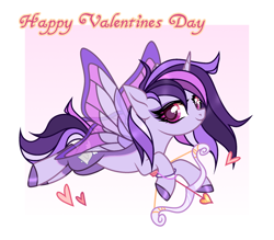 Size: 2052x1800 | Tagged: safe, artist:pritonhells, imported from derpibooru, oc, oc only, oc:dreaming bell, pony, unicorn, arrow, artificial wings, augmented, bow (weapon), commission, cute, female, flying, heart, heart arrow, hearts and hooves day, holiday, hoof polish, horn, magic, magic wings, mare, ocbetes, show accurate, simple background, smiling, solo, two toned coat, unicorn oc, valentine's day, wings