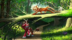 Size: 3200x1809 | Tagged: safe, artist:teaflower300, imported from derpibooru, oc, oc only, dracony, dragon, hybrid, kirin, dracony oc, duo, forest, kirin oc, leonine tail, looking down, looking up, tail, tree, unshorn fetlocks