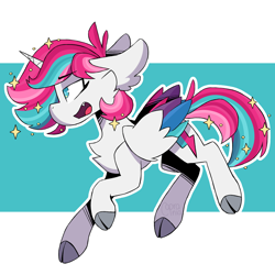 Size: 2000x2000 | Tagged: safe, artist:caprania, imported from derpibooru, zipp storm, alicorn, pony, cloven hooves, female, g5, horn, mare, open mouth, race swap, solo, stars, wings, zippcorn