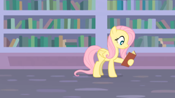 Size: 1280x721 | Tagged: safe, artist:agrol, imported from derpibooru, fluttershy, book, bookshelf, cute, library, reading, school of friendship, shyabetes, solo, the element of kindness