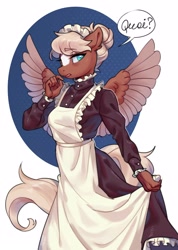 Size: 2180x3060 | Tagged: safe, artist:lunnita_pony, imported from derpibooru, oc, oc only, anthro, pegasus, blaze (coat marking), clothes, maid, simple background, solo, spread wings, two toned wings, white background, wings