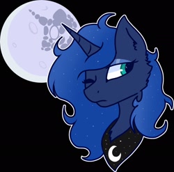 Size: 2048x2025 | Tagged: safe, artist:nawnii, imported from derpibooru, princess luna, alicorn, pony, black background, bust, mare in the moon, moon, one eye closed, simple background, solo, wink