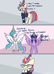 Size: 1600x2187 | Tagged: safe, artist:nawnii, imported from derpibooru, moondancer, princess celestia, twilight sparkle, alicorn, pony, unicorn, :3, clothes, comic, frown, glasses, jewelry, regalia, spread wings, sweater, text, twilight sparkle (alicorn), wings