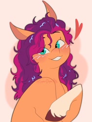 Size: 2162x2862 | Tagged: safe, artist:superduperath, imported from derpibooru, sunny starscout, earth pony, pony, blushing, dishevelled, female, g5, grin, heart, looking at you, mare, smiling, solo