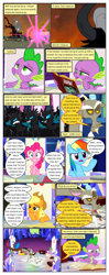 Size: 612x1552 | Tagged: safe, artist:newbiespud, edit, edited screencap, imported from derpibooru, screencap, applejack, discord, pinkie pie, rainbow dash, spike, changeling, draconequus, dragon, earth pony, pegasus, pony, comic:friendship is dragons, a canterlot wedding, dungeons and discords, sparkle's seven, twilight's kingdom, comic, dialogue, eyelashes, female, friendship throne, hat, male, mare, screencap comic