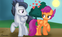 Size: 1200x720 | Tagged: safe, artist:mlplary6, imported from derpibooru, rumble, scootaloo, pegasus, pony, female, heart, looking at each other, looking at someone, love, male, mare, older, older rumble, older scootaloo, rumbloo, shipping, smiling, smiling at each other, stallion, straight, sun, tree