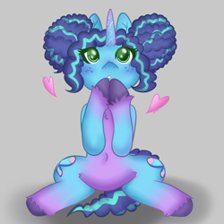 Size: 2048x2048 | Tagged: safe, artist:sinnamonsol, imported from derpibooru, pony, unicorn, afro puffs, blushing, curly hair, g5, gray background, green eyes, heart, hooves together, looking up, misty brightdawn, simple background, solo