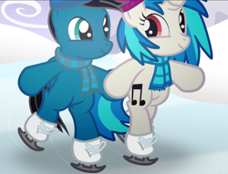Size: 1290x986 | Tagged: safe, artist:agkandphotomaker2000, edit, imported from derpibooru, dj pon-3, vinyl scratch, oc, oc:pony video maker, pegasus, pony, unicorn, bipedal, canon x oc, clothes, cropped, dj-pon3, duo, female, filly, filly vinyl scratch, foal, hat, holding hooves, ice, ice skates, ice skating, male, scarf, shipping, skates, skating, straight, videoscratch, winter, winter hat, younger