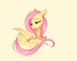 Size: 4096x3290 | Tagged: safe, artist:imalou, deleted from derpibooru, edit, fluttershy, pegasus, pony, cute, female, folded wings, lidded eyes, lying down, mare, ponyloaf, prone, shyabetes, simple background, sitting, smiling, wings