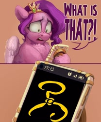 Size: 2496x3000 | Tagged: safe, artist:jewellier, derpibooru exclusive, imported from derpibooru, pipp petals, pegasus, pony, cellphone, chest fluff, female, g5, hoof hold, mare, meme, meme template, phone, pinpoint eyes, pipp petals is not amused, reaction image, shocked, shocked expression, shocked pipp meme, solo, speech, talking, text, the king in yellow, the yellow sign, unamused