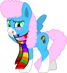 Size: 3965x4316 | Tagged: safe, artist:lincolnbrewsterfan, artist:the cool mule, artist:themysteryeevee, imported from derpibooru, oc, oc:unlucky, hybrid, mule, pegasus, .svg available, bashful, blush sticker, blushing, clothes, coat markings, commission, ear fluff, green eyes, hoof on head, inkscape, lightbulb, male, one winged pegasus, pink mane, pink tail, raised hoof, scarf, scribbles, simple background, socks (coat markings), stallion, striped scarf, svg, tail, transparent background, vector