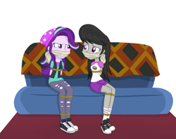 Size: 1005x795 | Tagged: safe, artist:splendidbondage, imported from derpibooru, octavia melody, starlight glimmer, human, equestria girls, bondage, bound and gagged, camp everfree outfits, cloth gag, clothes, converse, couch, duo, duo female, female, gag, pants, ripped pants, shoes, simple background, tied up, torn clothes, vector, white background