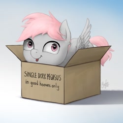 Size: 1300x1300 | Tagged: safe, artist:magfen, imported from derpibooru, oc, oc only, oc:cotton puff, pegasus, pony, :p, box, cute, dork, gradient background, pegasus oc, pony in a box, solo, tongue out