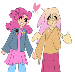 Size: 718x691 | Tagged: safe, artist:nachosforfree, imported from derpibooru, fluttershy, pinkie pie, human, equestria girls, clothes, duo, eyes closed, female, flutterpie, heart, holding hands, jacket, lesbian, lesbian pride flag, pride, pride flag, shipping, simple background, skirt, smiling, white background