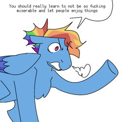 Size: 640x640 | Tagged: safe, artist:nachosforfree, imported from derpibooru, rainbow dash, pegasus, pony, angry, frown, simple background, solo, text, white background