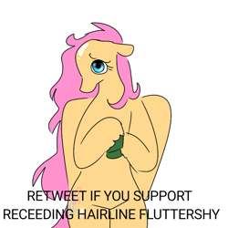 Size: 768x768 | Tagged: safe, artist:nachosforfree, imported from derpibooru, fluttershy, pegasus, pony, sad, simple background, solo, standing on two hooves, text, white background