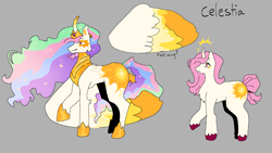 Size: 1137x640 | Tagged: safe, artist:nachosforfree, imported from derpibooru, princess celestia, alicorn, pony, chest fluff, jewelry, regalia, side view, solo, text, unshorn fetlocks