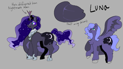 Size: 1137x640 | Tagged: safe, artist:nachosforfree, imported from derpibooru, princess luna, alicorn, pony, jewelry, regalia, side view, solo, spread wings, text, wings