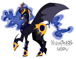 Size: 830x640 | Tagged: safe, artist:nachosforfree, imported from derpibooru, nightmare moon, alicorn, pony, jewelry, regalia, side view, simple background, smiling, solo, spread wings, text, white background, wings