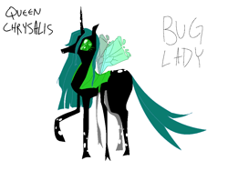 Size: 1024x768 | Tagged: safe, artist:nachosforfree, imported from derpibooru, queen chrysalis, changeling, changeling queen, raised hoof, simple background, solo, standing, text, white background