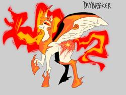 Size: 1024x768 | Tagged: safe, artist:nachosforfree, imported from derpibooru, daybreaker, alicorn, pony, fangs, jewelry, regalia, side view, smiling, solo, spread wings, text, wings