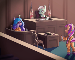 Size: 2468x1976 | Tagged: safe, artist:nyanakaru, imported from derpibooru, izzy moonbow, sunny starscout, earth pony, pony, semi-anthro, unicorn, american flag, bad end, ball, butt, clothes, commissioner:rainbowdash69, courtroom, crying, cuffs, dock, g5, izzy's tennis ball, judge, never doubt rainbowdash69's involvement, plot, prison outfit, prisoner, prisoner im, shackles, tail, tennis ball