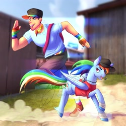 Size: 4096x4096 | Tagged: safe, artist:lycantrin, imported from derpibooru, rainbow dash, human, pegasus, pony, bandage, bonk, clothes, colored hooves, colored wings, crossover, dog tags, duo, dust cloud, element of loyalty, female, male, mare, outdoors, painted nails, rainbow trail, running, scout, speed lines, tape, team fortress 2, unshorn fetlocks, wholesome, wings