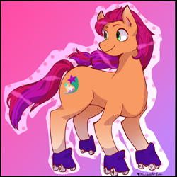 Size: 1000x1000 | Tagged: safe, artist:nachosforfree, imported from derpibooru, sunny starscout, earth pony, pony, braid, braided ponytail, female, g5, gradient background, mare, ponytail, roller skates, skates, smiling, solo