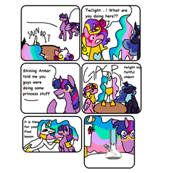 Size: 590x573 | Tagged: safe, artist:nachosforfree, imported from derpibooru, princess cadance, princess celestia, princess luna, twilight sparkle, alicorn, pony, comic, drugs, glasses, redesign, sitting, smiling, text, twilight sparkle (alicorn)