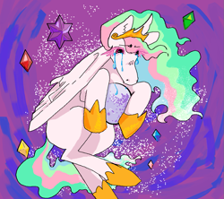 Size: 1085x965 | Tagged: safe, artist:nachosforfree, imported from derpibooru, princess celestia, alicorn, pony, crying, element of generosity, element of honesty, element of kindness, element of laughter, element of loyalty, element of magic, elements of harmony, jewelry, moon, regalia, solo