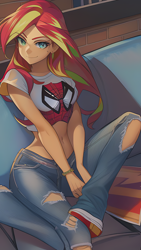 Size: 864x1536 | Tagged: safe, imported from derpibooru, sunset shimmer, human, equestria girls, ai content, ai generated, brick wall, clothes, cosplay, costume, crossover, female, generator:novelai, generator:stable diffusion, humanized, jeans, marvel, marvel comics, mary jane, mary jane watson, midriff, pants, prompter:sammykun, reference used, ripped jeans, ripped pants, shirt, solo, spider-man, torn clothes