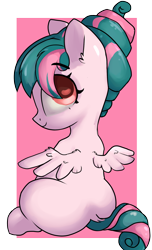 Size: 1336x2200 | Tagged: safe, artist:dumbwoofer, imported from derpibooru, tulip swirl, pegasus, pony, butt, cute, dock, ear fluff, female, filly, foal, looking at you, looking back, looking back at you, plot, simple background, sitting, smiling, solo, spread wings, tail, transparent background, wide hips, wings