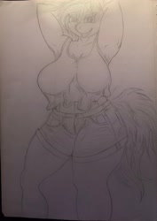 Size: 2859x4029 | Tagged: safe, artist:darkini von blessy, imported from derpibooru, oc, oc only, anthro, anthro oc, armpits, big breasts, breasts, clothes, drawing, female, lineart, monochrome, pencil drawing, pose, short hair, sketch, sketchbook, smiling, smirk, solo, traditional art