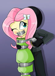 Size: 463x644 | Tagged: safe, artist:gaggeddude32, imported from derpibooru, fluttershy, human, equestria girls, bondage, bound and gagged, clothes, damsel in distress, duct tape, female, gag, kidnapped, sheet, tape, tape bondage, tape gag, tied up, tight clothing, wrapped up
