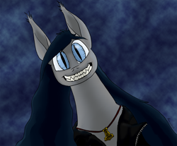 Size: 1280x1061 | Tagged: safe, artist:darkhestur, imported from derpibooru, oc, oc only, oc:dark, bat pony, bat pony oc, clothes, fangs, jacket, jewelry, looking at you, looking down, looking down at you, male, necklace, sake, smiling, solo