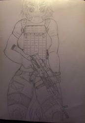Size: 2782x4029 | Tagged: safe, artist:darkini von blessy, imported from derpibooru, oc, oc only, anthro, anthro oc, armor, armored pony, breastplate, breasts, chestplate, clothes, drawing, equipment, female, gun, lineart, monochrome, pencil drawing, short hair, sketch, sketchbook, solo, traditional art, weapon