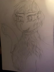 Size: 3024x4032 | Tagged: safe, artist:darkini von blessy, imported from derpibooru, oc, oc only, earth pony, pony, boop, chest fluff, collar, drawing, earth pony oc, hairpin, happy, lineart, messy mane, monochrome, pencil drawing, short hair, sketch, sketchbook, smiling, solo, traditional art