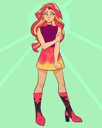 Size: 1280x1600 | Tagged: safe, artist:pxndlife, imported from derpibooru, sunset shimmer, human, equestria girls, boots, clothes, fishnets, frown, high heel boots, shoes, skirt, solo