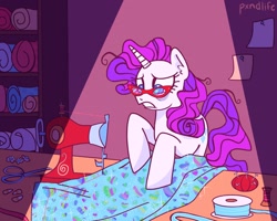 Size: 1280x1024 | Tagged: safe, artist:pxndlife, imported from derpibooru, rarity, pony, unicorn, frown, glasses, pincushion, rarity's glasses, scissors, sewing machine, solo