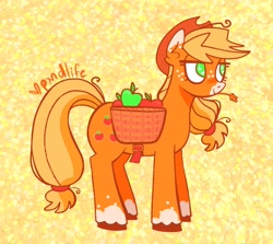Size: 1280x1143 | Tagged: safe, artist:pxndlife, imported from derpibooru, applejack, earth pony, pony, apple, food, freckles, hat, smiling, solo