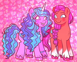 Size: 1280x1024 | Tagged: safe, artist:pxndlife, imported from derpibooru, izzy moonbow, sunny starscout, earth pony, pony, unicorn, blushing, bracelet, duo, g5, heart, heart eyes, jewelry, smiling, unshorn fetlocks, wingding eyes