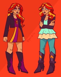 Size: 1280x1600 | Tagged: safe, artist:pxndlife, imported from derpibooru, sunset shimmer, human, equestria girls, boots, clothes, denim, duality, female, frown, high heel boots, jacket, jeans, orange background, pants, self paradox, shoes, simple background, skirt, time paradox