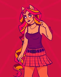 Size: 1280x1600 | Tagged: safe, artist:pxndlife, imported from derpibooru, sunset shimmer, human, equestria girls, belt, choker, clothes, female, ponied up, red background, simple background, skirt, smiling, solo, tanktop